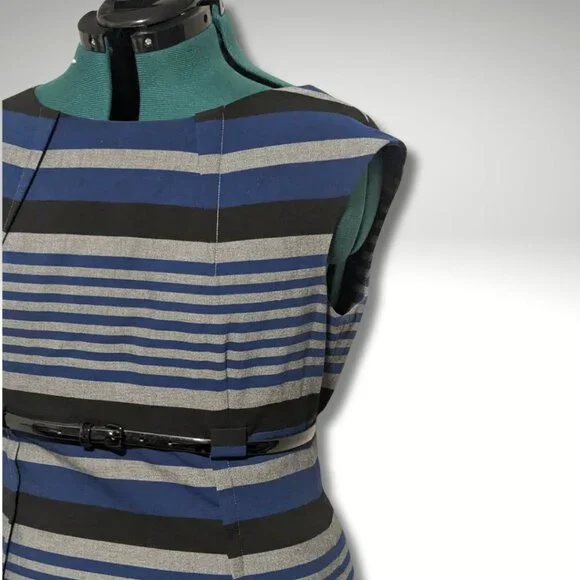 Calvin Klein Cap Sleeve Striped Belted Sheath Dress sz 12 - Picture 7 of 7